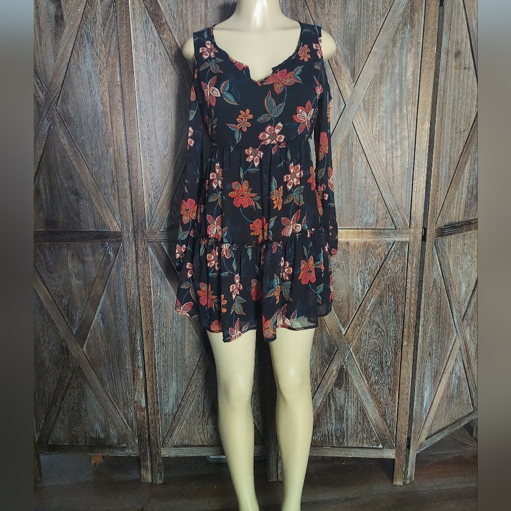 Hollister Floral, Cold Shoulder, Long Sleeves, Chiffon, Mini Dress